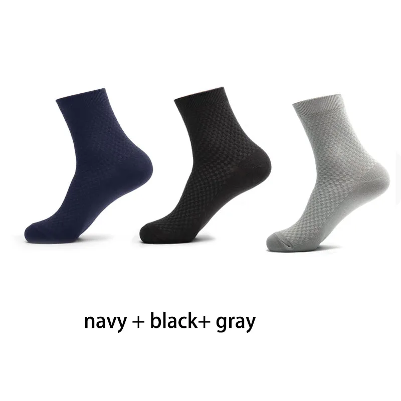 3 пар/лот, мужские носки из бамбукового волокна, клетчатые длинные носки, повседневные деловые носки для мужчин, осень, зима, Calcetines Hombre - Цвет: navy black  gray