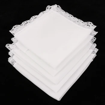 

5pcs Ladies Embroidery Cotton Handkerchiefs 100% Cotton Solid Color White Lace Border Hanky Wedding Plain DIY Print Draw Hankies