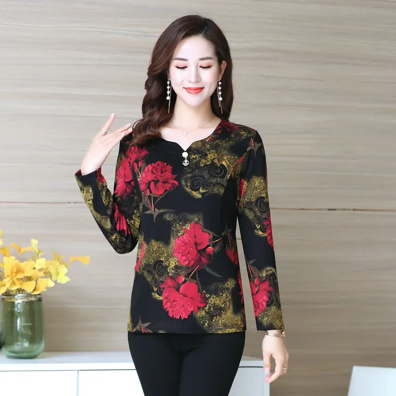 

Middle Aged Women Spring Blouses Yellow Red Blue Flower Pattern Printing Top Mature Woman Long Sleeve Floral Blouse Mother Wear