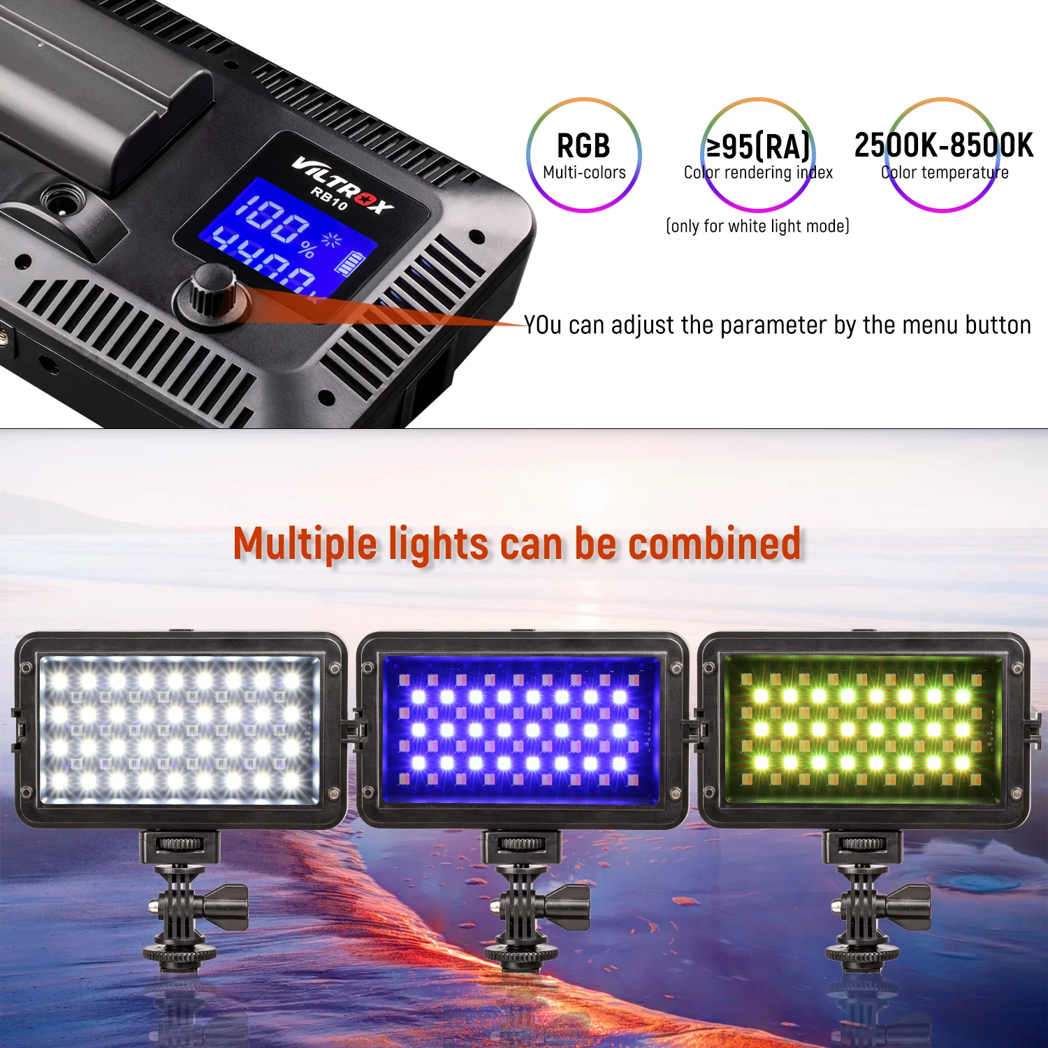  VILTROX RB10 RGB LED Video Light Full Color+Battery+Charger2500-8500KDimmable Atmosphere light for 
