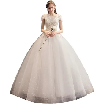 

Classic Off White Sexy Boat Neck 2019 New Wedding Dress Luxury Lace Flower Embroidery Bride Gown Custom Made Robe De Mariee L