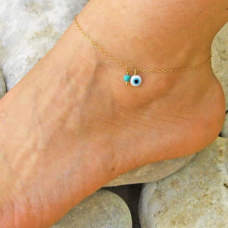 Bohemian Multi Layered Beads Ankle Bracelet for Women Leg Chain Blue Evil Eye Pendant Anklet