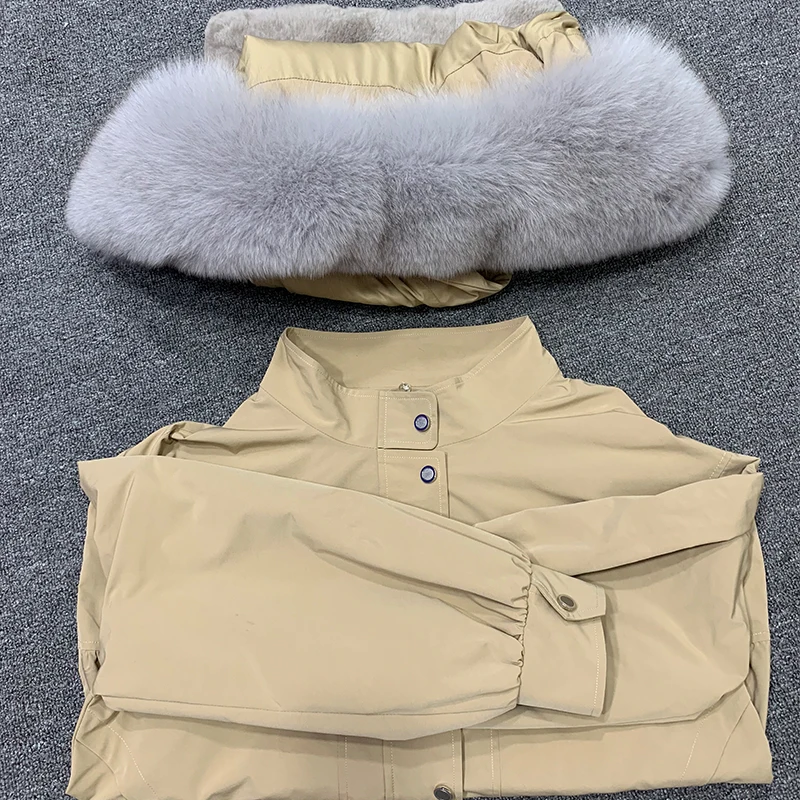 Cheap 2019 new Parka Winter Real Fur Coat Jacket Women Natural Fox Fur Collar Detachable Rex Rabbit Liner Loose Outerwear 5