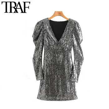 

TRAF Women Vintage Sexy Sequins Shinny Mini Dress Fashion V Neck Long Sleeve Party Club Female Dresses Chic Vestidos Mujer