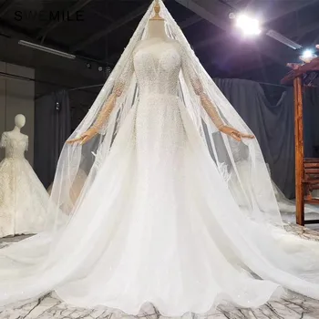 شراءصورة حقيقية فاخرة الخرز فساتين زفاف دانتيل اليدوية طويلة الأكمام زي العرائس الدانتيل متابعة الظهر الزفاف الكرة ثوب حجم كبير