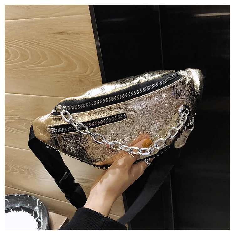 Модные привлекательные блестящие цепочки треснутая кожа поясная сумка женская сумки на плече на груди