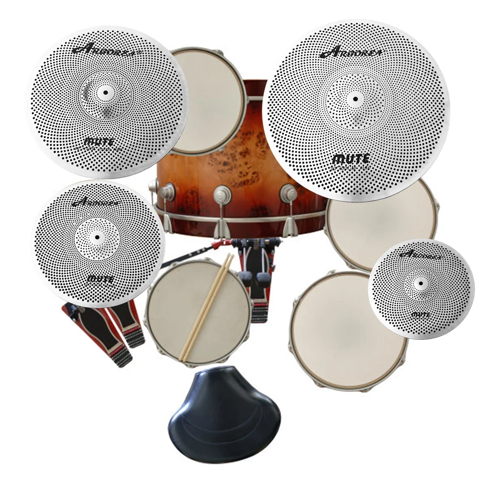 Arborea Silent Low Volume Cymbal Pack 5 PCS+Cymbal Bag Silver For Jazz Drum Set Kids Drum Beginners Best Gifts