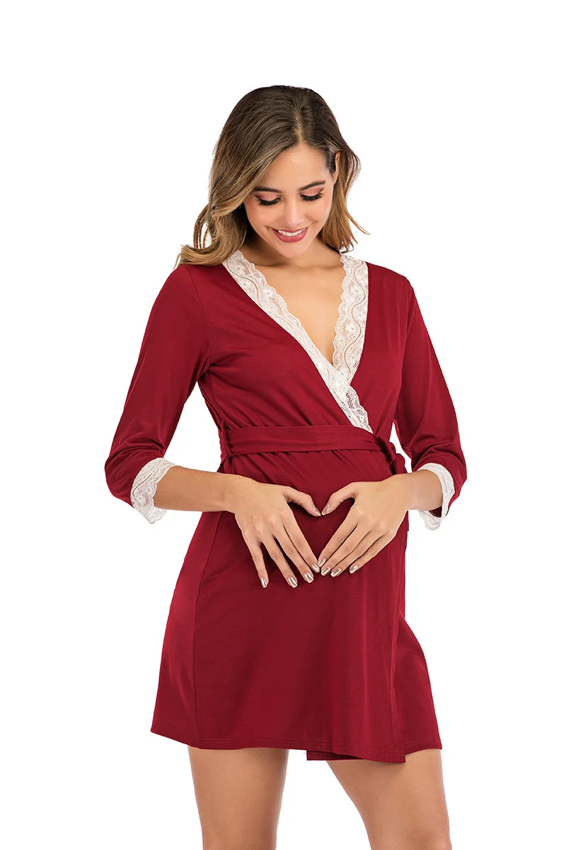 Pregnant Maternity Nursing Nightgown Lace Trim Half Sleeve