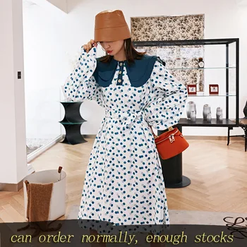 

LANMREM can ship Sweet vintage dot printting Dresses for famale 2020 spring fashion new Peter pan Collar dress with belt YH928