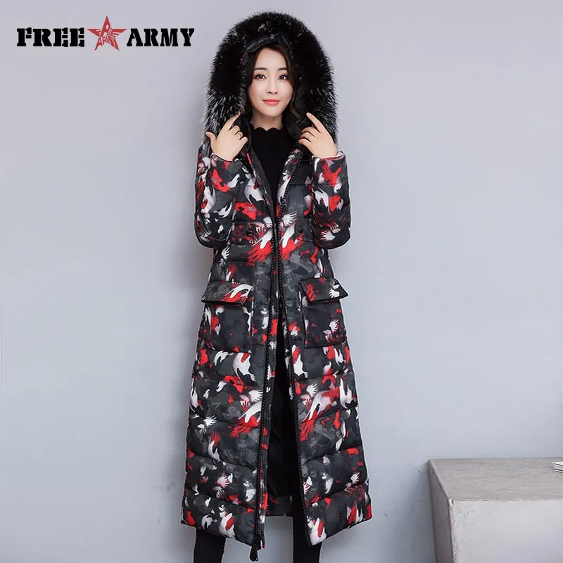

FreeArmy Women's Winter Long Slim Thicken Cotton Padded Camouflage Clothing Over the Knee Warm Hooded Streetwear Jacket Female
