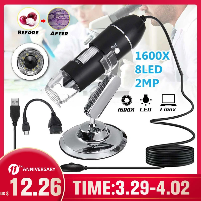 Digital Microscope Adjustable 1600X 2Mp 1080P 8 Led Type-C Micro USB Magnifier Electronic Stereo USB Endoscope for Phone Pc 1600X 