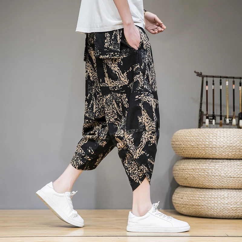 

Men Harem Pants Drop Crotch Pockets Joggers Printed Casual Trousers Men Loose Hip Hop Streetwear Baggy Cotton Wide Leg Pants
