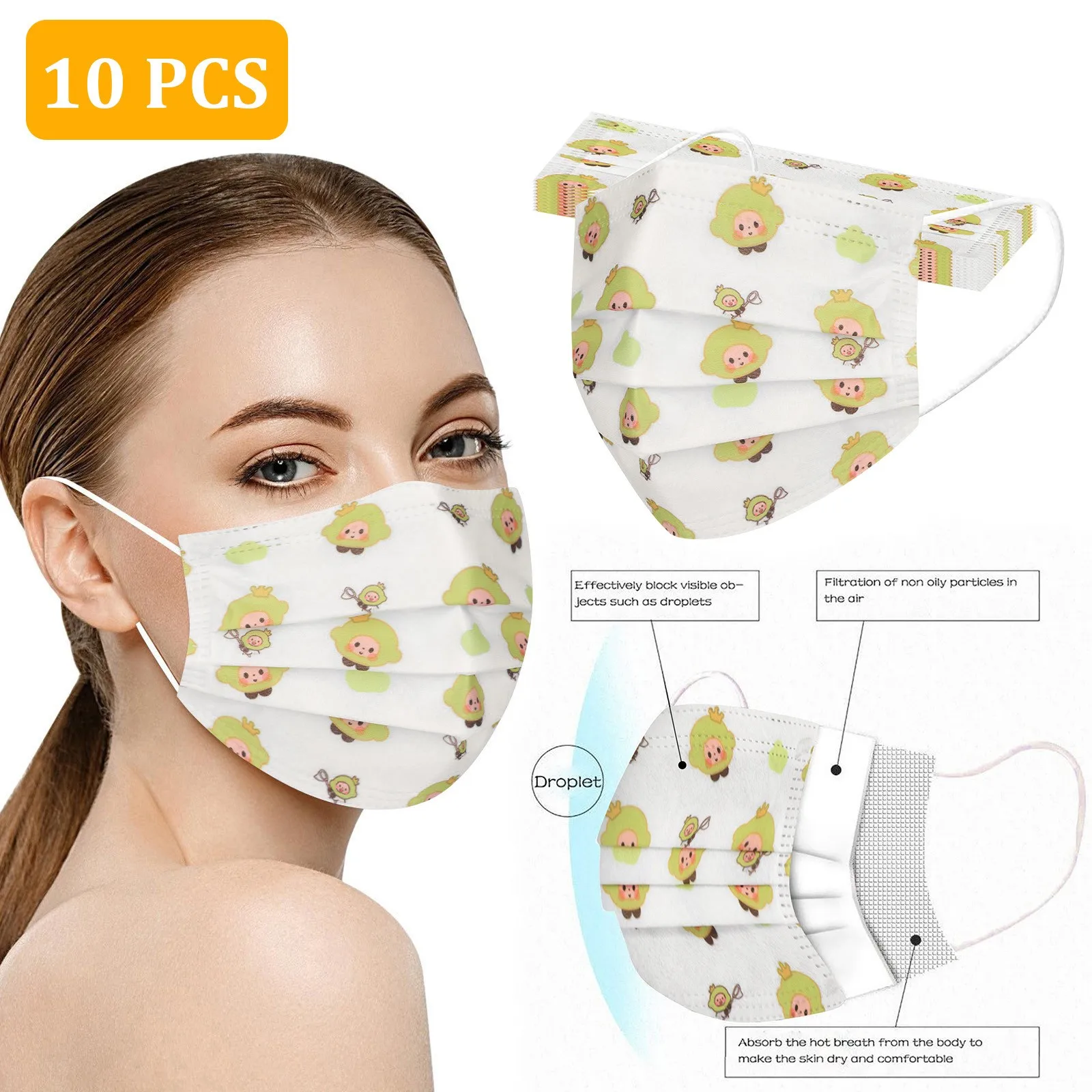 

10pc Cartoon Animal Disposable Mask Pink Face Cover Adult Non-woven Fabric Three-layer Disposable Protective Print Kawaii Mask
