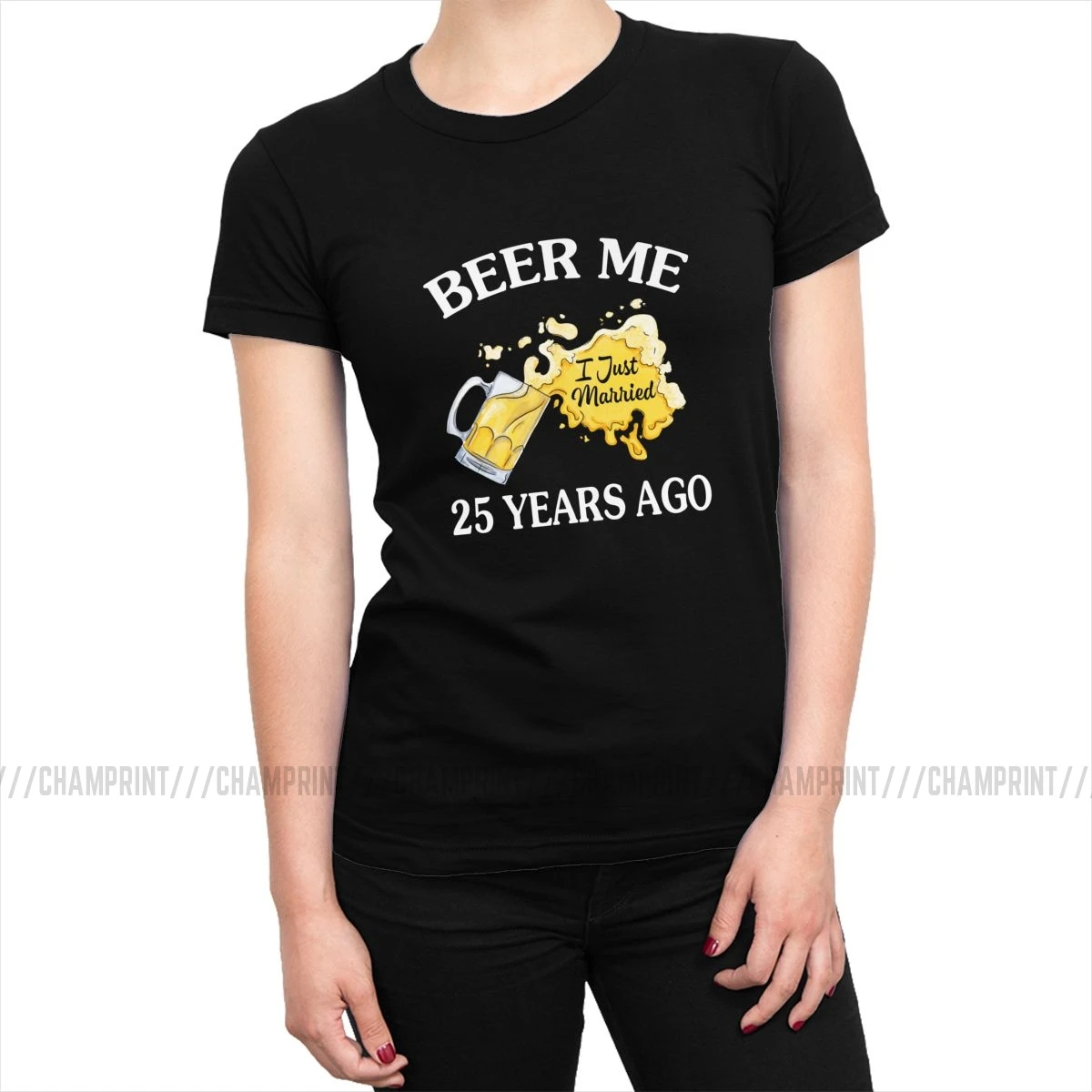 Beer Me я только что женат 25 лет назад футболка женская пара Подарок на годовщину футболка Гранж рок тройники топ Женская одежда графический - Цвет: Черный