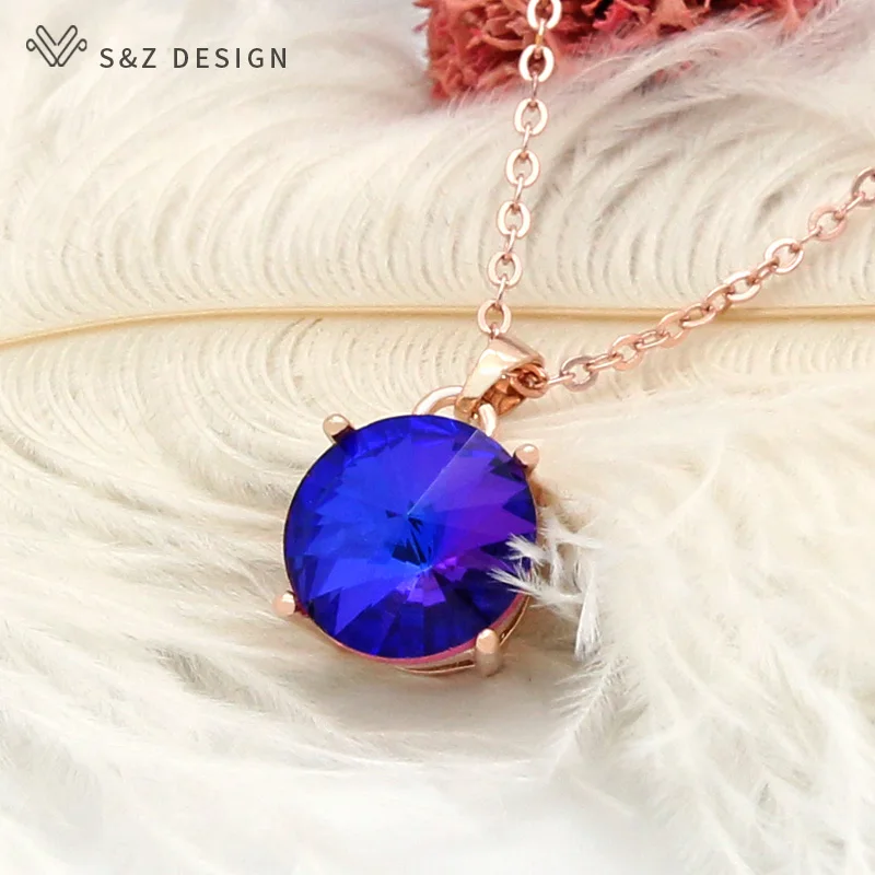 S&Z DESIGN New Fashion Simple Large Round Crystal Pendant Necklace 585 Rose Gold Color Chain For Women Wedding Jewelry