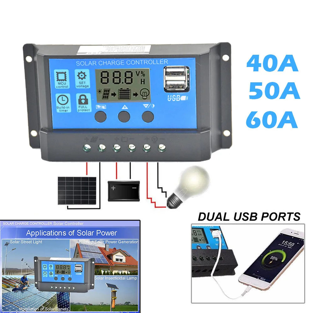 

Solar Panel Regulator Charge Controller USB 40A/50A/60A 12V-24V With Dual USB Battery Charger EU Universal Charger For 3.7V 1865