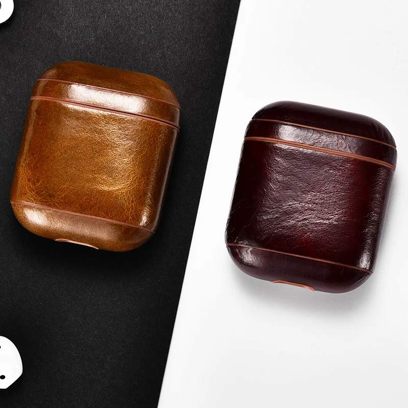 Oil Wax Genuine Leather Headphone Case Storage Bag Cover for Apple Airpods iPhone Bluetooth Earphone Case Boxes Protective Case
