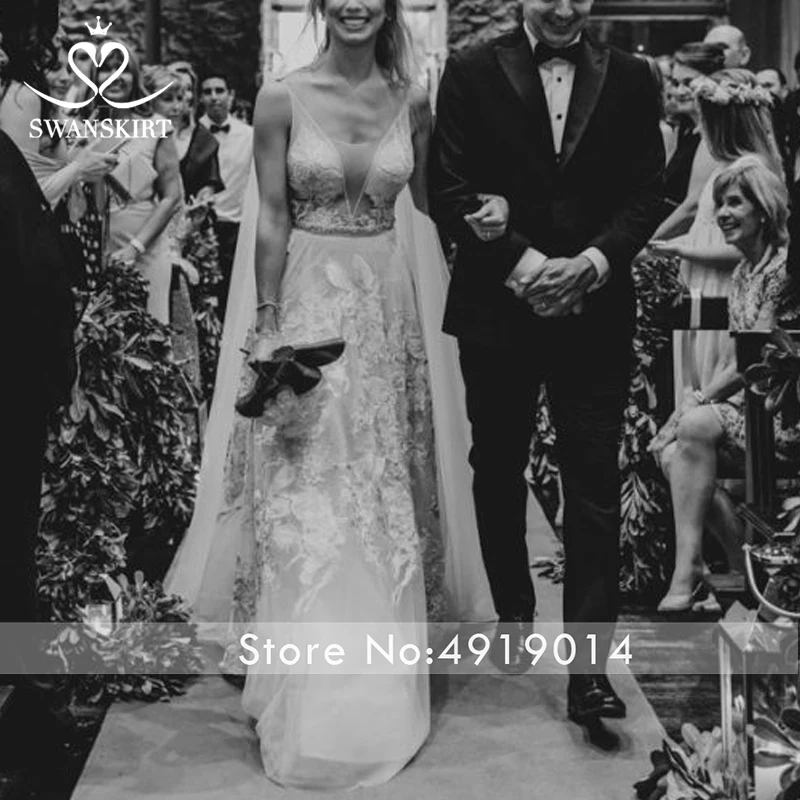 Сказочные аппликации А-силуэт свадебное платье Swanskirt A235 Милая Иллюзия Кружева сзади рюшами свадебное платье, тюль Vestido de noiva