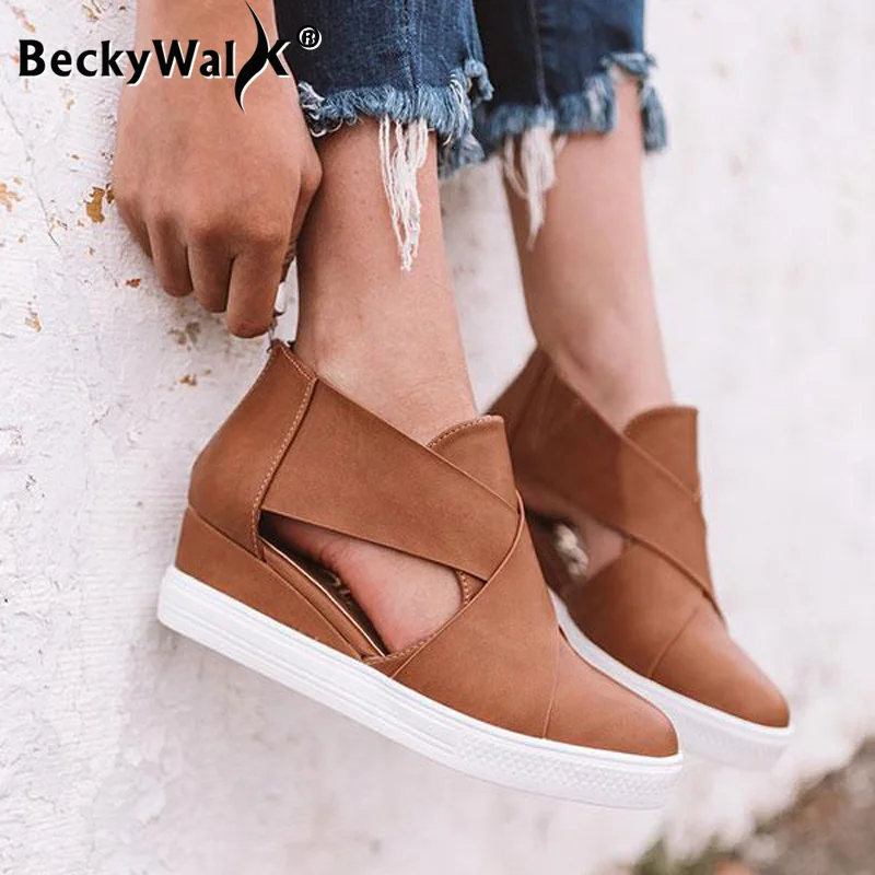 

2019 New Autumn Wedges Women Shoes Big Size Cut-outs Round Toe Casual Platform Shoes Woman Heels zapatillas mujer 43 WSH3403