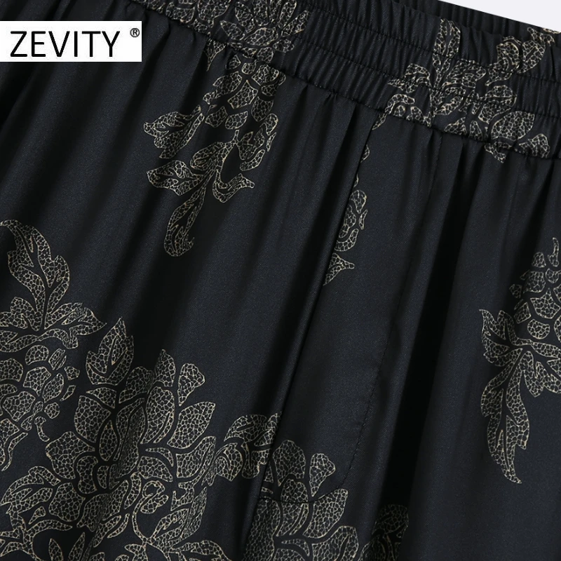 ZEVITY Women vintage flower print pockets patch straight pants female elastic waist pleats casual slim Trousers chic pants P934