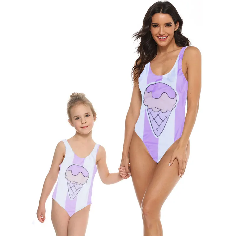 Mommy and Me Swimsuit Family Matching Baby Girls Women Ice Cream Print Mother Kids Girl One Piece Swimwear Bathing Suit Beach |