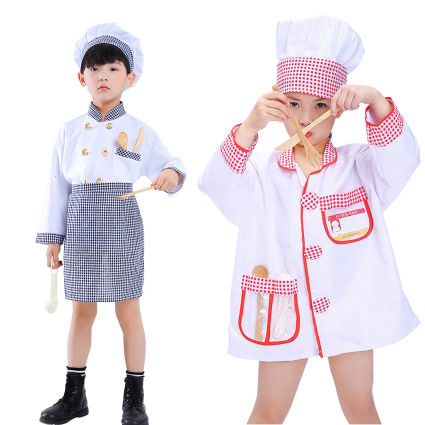 

Pink Black Plaid Kids Chef Cook Uniform Food Service Bakery Cosplay Costumes Kitchen Role-play Performance Clothing Set