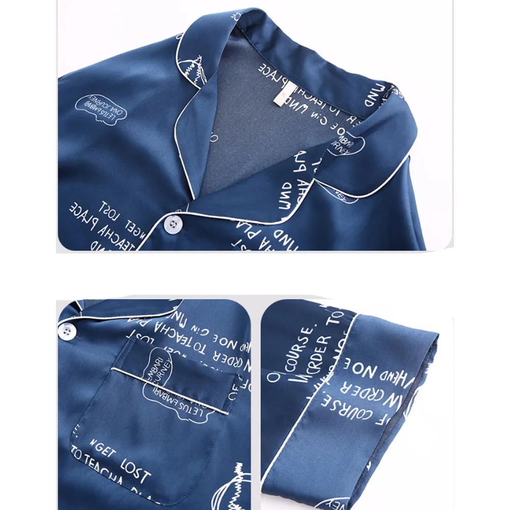Night Pajamas for Men Satin Pyjama Set Silk ASleeping Suit Autumn Spring Homewear Clothes Printed Longe Pants Nightgown XXXL XXL