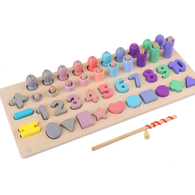 

Wooden Montessori Toys Count Numbers Matching Geometric Shape Cognition Puzzle Fishing Game Early Education Toys For Children