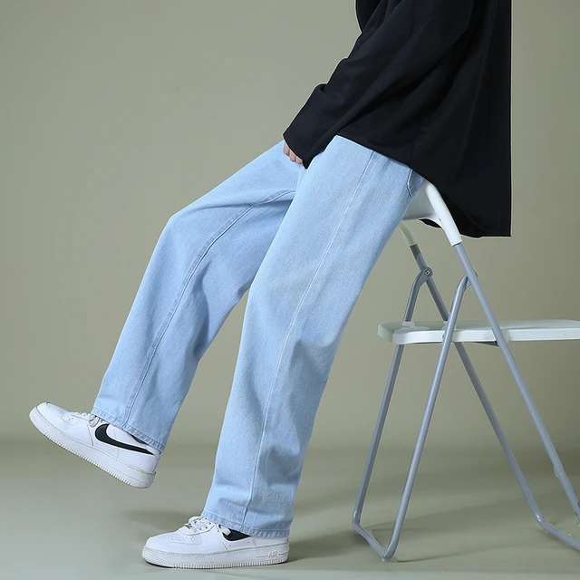 New Autumn Men Denim Wide-leg Pants Korean Style Straight Light