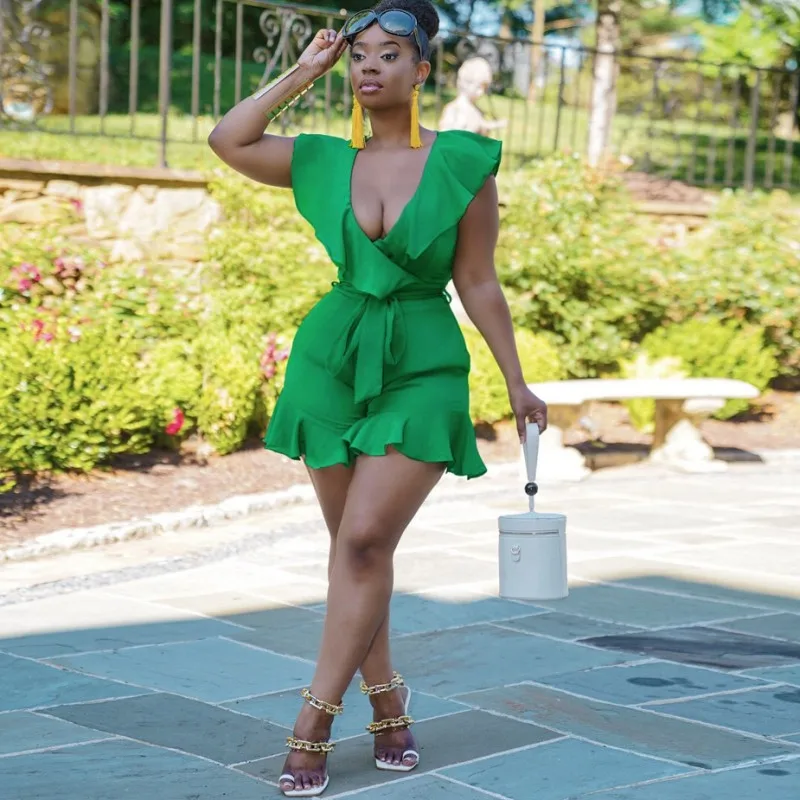 Sexy Playsuits Women 2021 Summer New Fashion Ruffles Solid Color Deep V-Neck Jumpsuit Shorts African Clothing Green Black Ladies