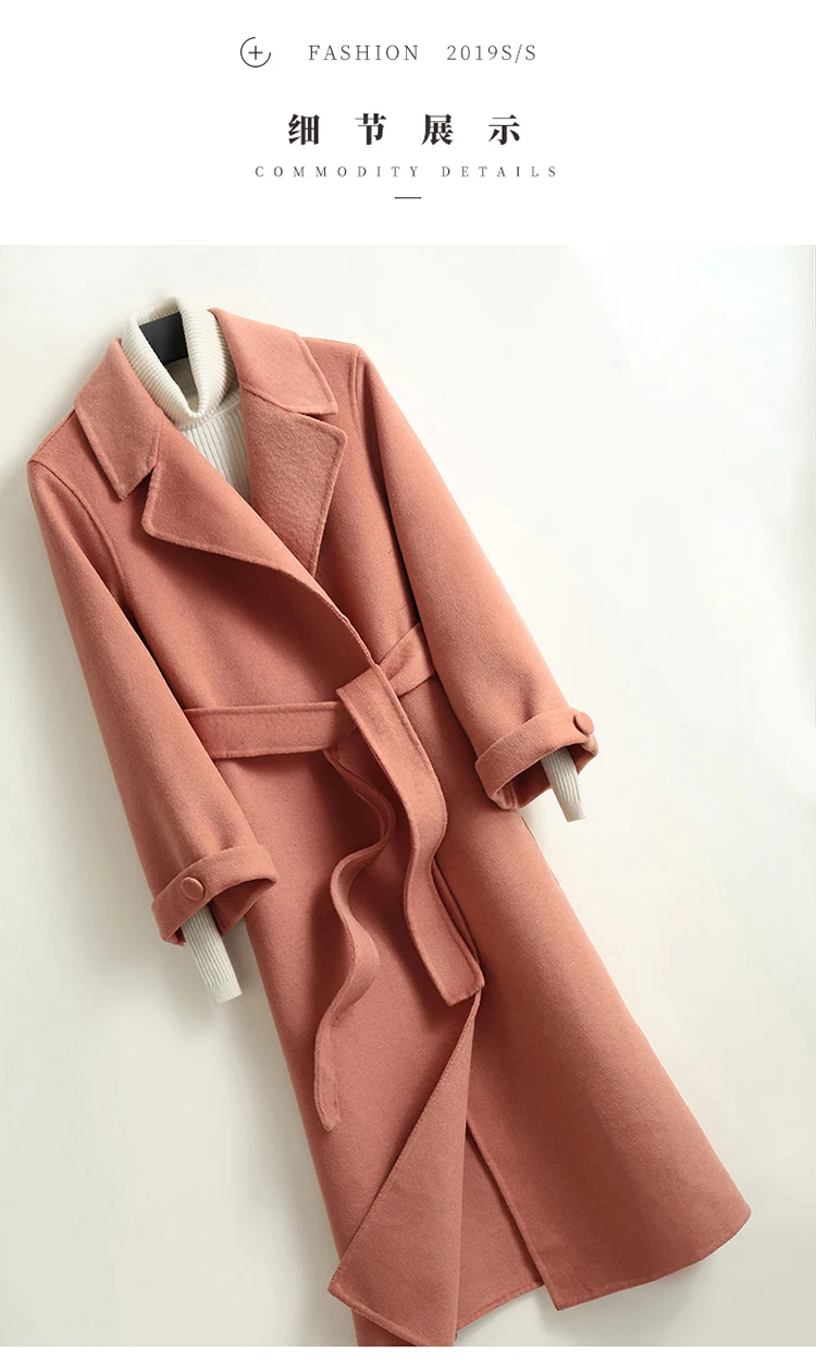 LHZSYY 2019Autumn Winter New Women Double-sided Woolen Coat Fashion Slim Pure Wool lacing Long Thick Warm Cashmere Cardigan Coat