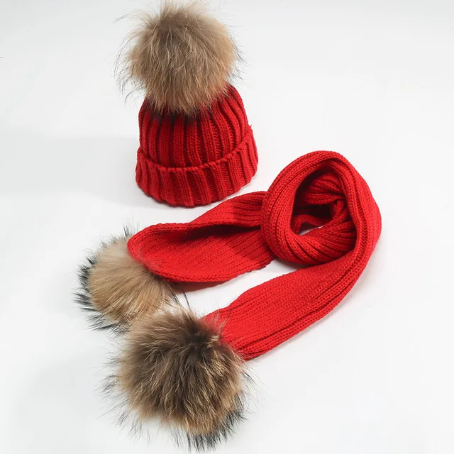 Детские вязаные шапочки, шарф, Осень-зима, теплая удобная шапочка с помпонами, шапка для младенца, шарфы - Цвет: Красный