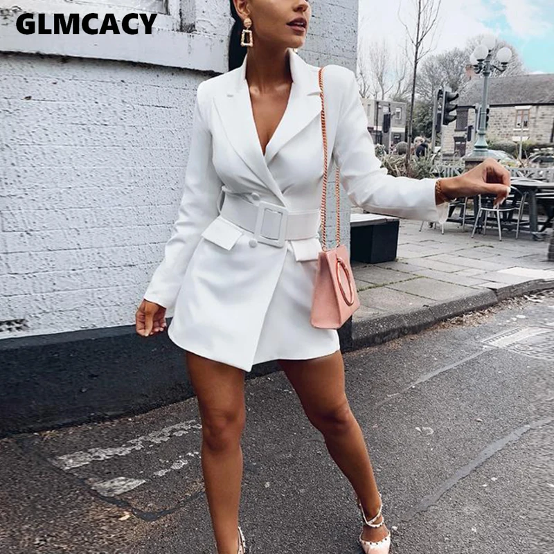 Women Office Lady Notched Double Breasted Long Sleeve Blazers Autumn Streetwear Solid Sashes Slim Long Blazers - Цвет: Белый