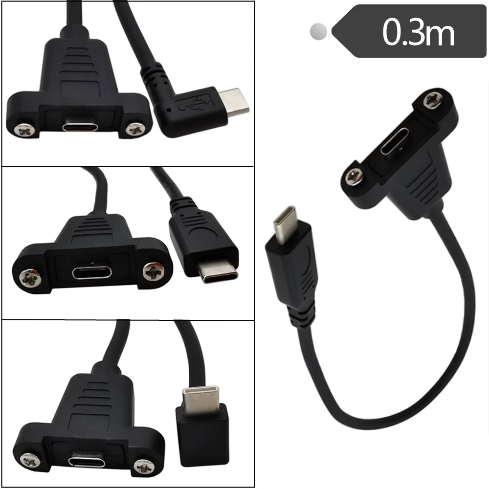 type-c USB 90 Right UP angle Male to Female Extension Panel Mount Type Cable Charge Cord 1Feet Black 0.3M