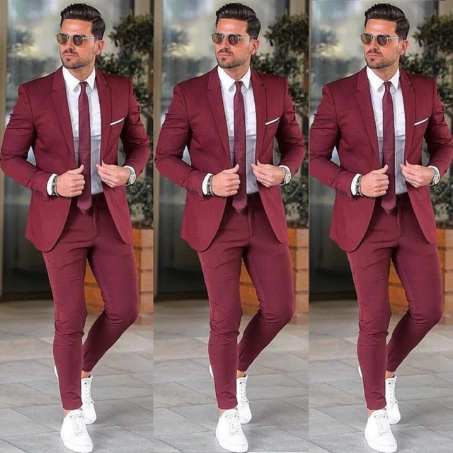 Mens 2 Button Skinny Vested Wool Suit in Burgundy