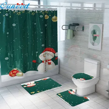 

Ouneed 4PCS set Cartoon snowman elk Prints Bathroom Shower Curtains sets Christmas Non Slip Toilet Shower curtains Cover Mat set
