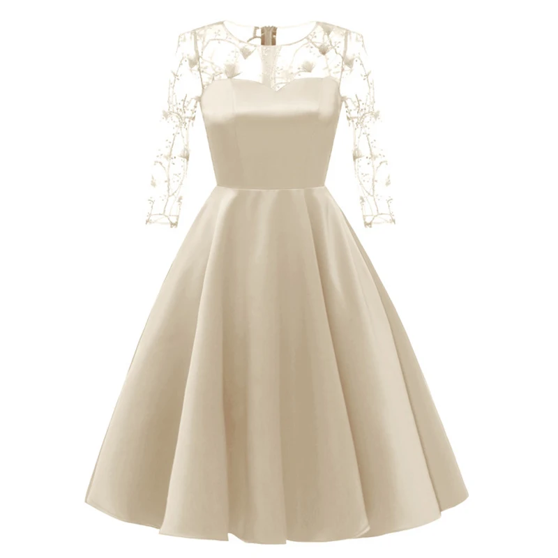 

2020 Women's Spring And Summer Dress New Lace Embroidered Sexy Pleasted High Waist Hollow out Satin Hemline Party Formal Dress