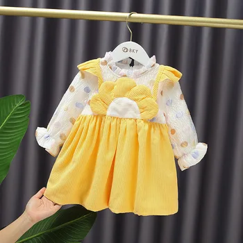 

Winter Baby Girls Corduroy Sunflower Polka Dot Pleated Thick Fleece Dress Children Kids Princess Party Clothes Vestidos