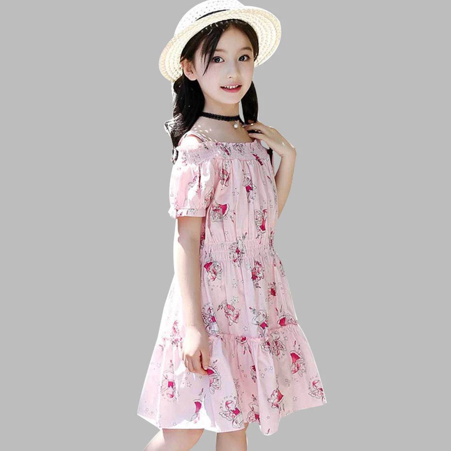 Летнее платье с мультяшным принтом для девочек, плиссированные детские платья в стиле пэчворк Милая Одежда для девочек-подростков возрастом 6, 8, 10, 12, 14 лет