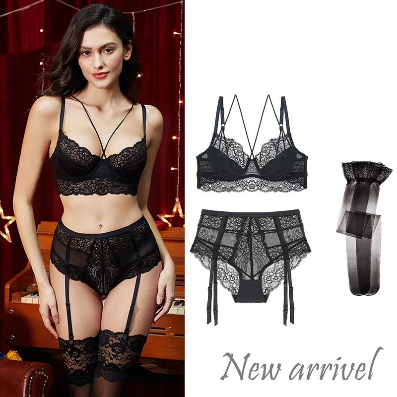 

Women sexy bra unlined underwear floral lace bra underwire bra set bra+panties+stockings 3 pcs