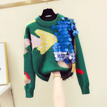 

Sequin Sweater Women Turtleneck Sweater 2019 Autumn Winter New Contrast Color Hand Bead Fringe Sequin Knitted Sweater Green