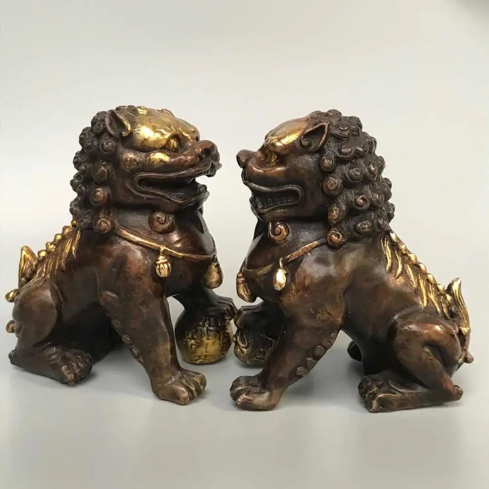 

Wedding Decoration 3" Tibet Buddhism Temple Old bronze Gilt Lion statue A pair Gatekeeper lion Ward off evil spirits