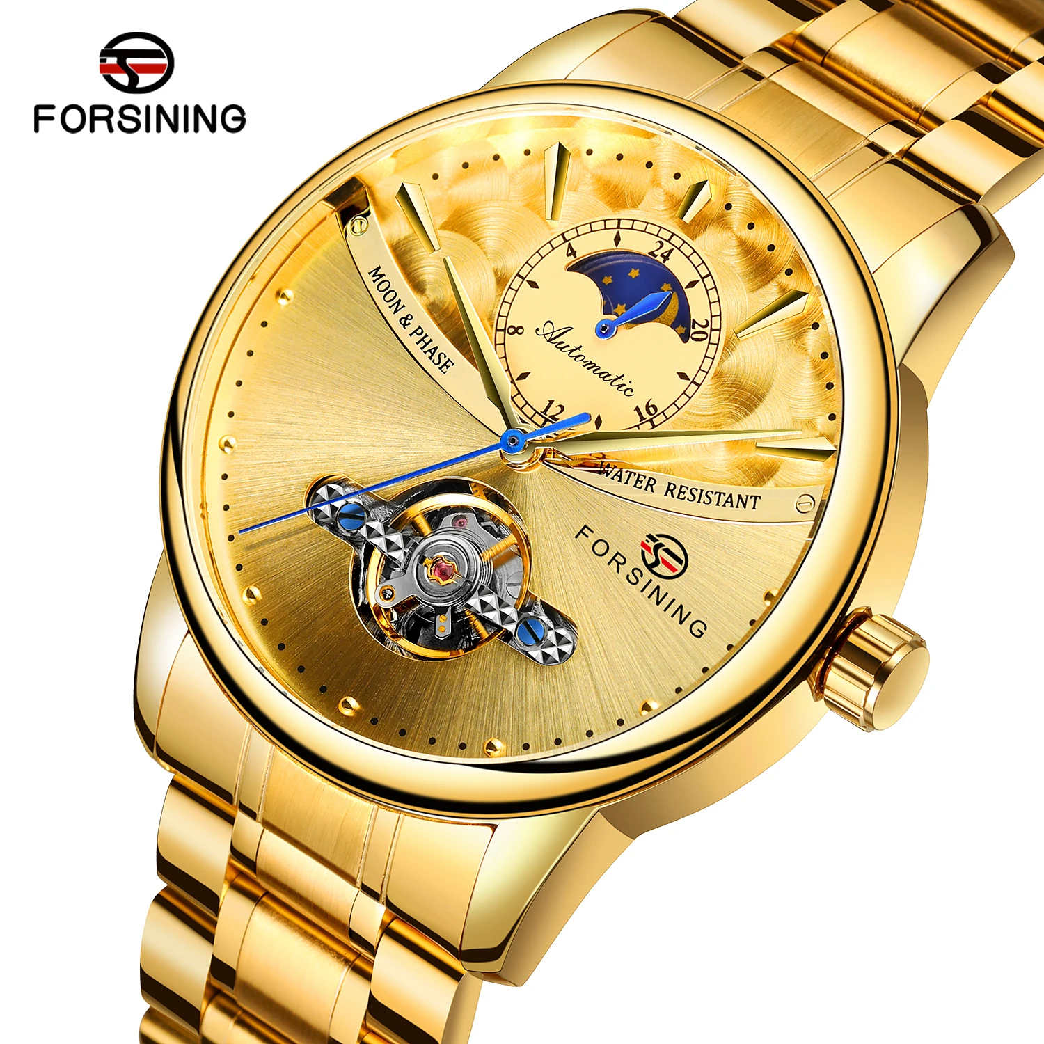 

Forsining New Tourbillon Automatic Men Watch Classic Male Clock Moon Phase Mechanical Stainless Steel Band Wristwatch Relogio