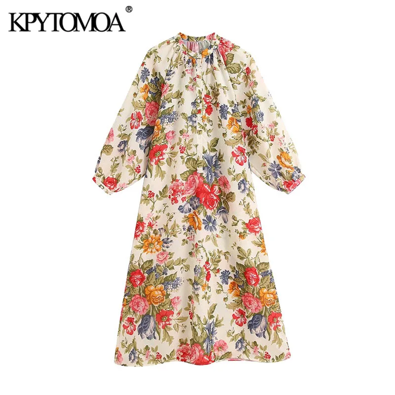 KPYTOMOA Women 2020 Chic Fashion Floral Print Button-up Midi Dress Vintage O Neck Pleated Cuffs Female Dresses Vestidos Mujer KPYTOMOA Women 2020 Chic Fashion Floral Print Button-up Midi Dress Vintage O Neck Pleated Cuffs Female Dresses Vestidos Mujer