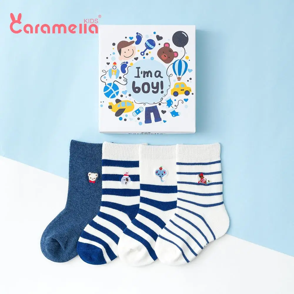 Caramella/4 пары, осенне-зимние хлопковые детские носки в полоску носки в британском стиле с изображением медведя для маленьких девочек и мальчиков, носочные изделия в подарочной упаковке