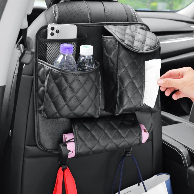 Sac de rangement arrière de siège de voiture en cuir PU filets de rangement  automatique, pochettes multiples pour téléphone, mouchoirs, bouteille d'eau  avec 2 supports de cintres - AliExpress