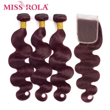 

Miss Rola Hair Brazilian Body Wave 100% Human Hair Weaving 3 Bundles With 4*4 Closure 99J Color Ombre Bundles With Closure Remy