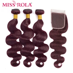 Miss Rola Hair Brazilian Body Wave 100% Human Hair Weaving 3 Bundles With 4*4 Closure 99J Color Ombre Bundles With Closure Remy