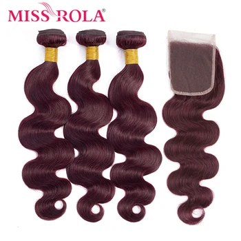 

Miss Rola Hair Brazilian Body Wave 100% Human Hair Weaving 3 Bundles With 4*4 Closure 99J Color Ombre Bundles With Closure Remy