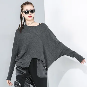 

LANMREM 2020 new Round Neck Pullover T Shirt Personality Bat Elastic Irregular Knitting tops oversize spring clothes tide YH764